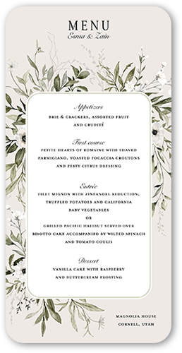 Floral Filigree Wedding Menu, Gray, 4x8 Menu, 100% Recycled Cardstock , Rounded