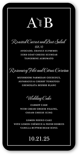 Glistening Glamour Wedding Menu, Black, 4x8 Menu, Pearl Shimmer Cardstock, Rounded