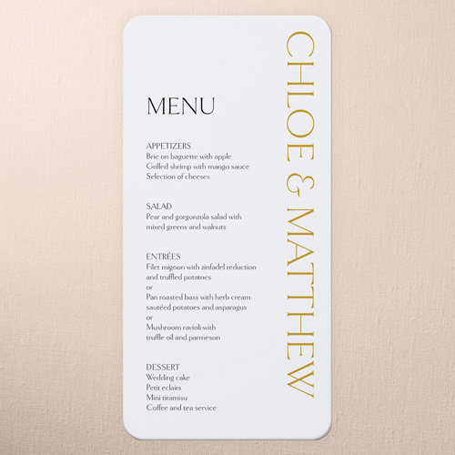 Gleaming Headline Wedding Menu, White, 4x8 Menu, Pearl Shimmer Cardstock, Rounded, White