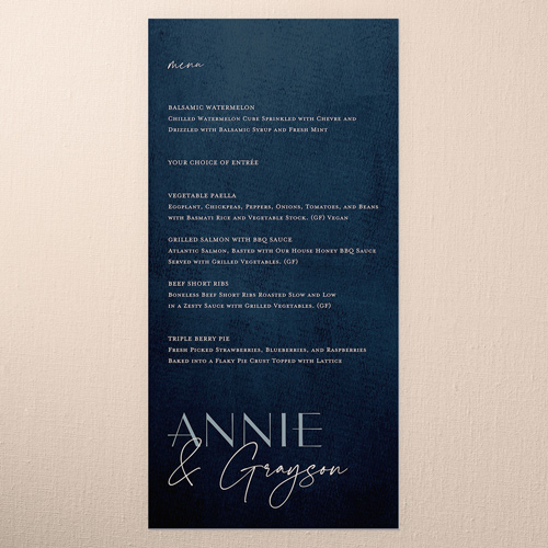 Modern Grace Wedding Menu, Blue, 4x8 Menu, 100% Recycled Cardstock , Square, Feather