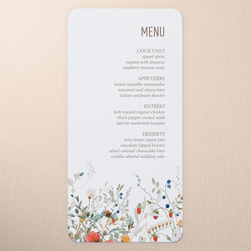 Tranquil Flowers Wedding Menu, White, 4x8 Menu, Write Your Own Greeting, Pearl Shimmer Cardstock, Rounded