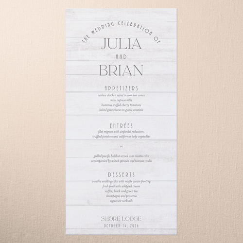 Timber Ties Wedding Menu, White, 4x8 Menu, Pearl Shimmer Cardstock, Square