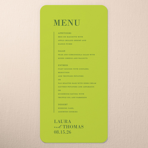Adorned Accent Wedding Menu, Green, 4x8 Menu, Matte, Signature Smooth Cardstock, Rounded, Evergreen