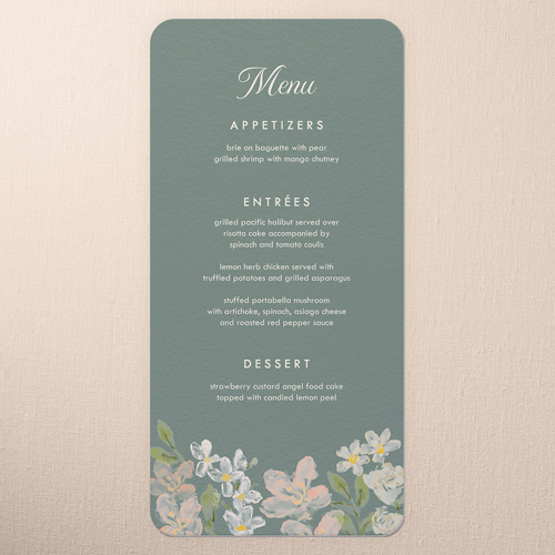 Painted Hem Wedding Menu, Green, 4x8 Menu, Pearl Shimmer Cardstock, Rounded, Green