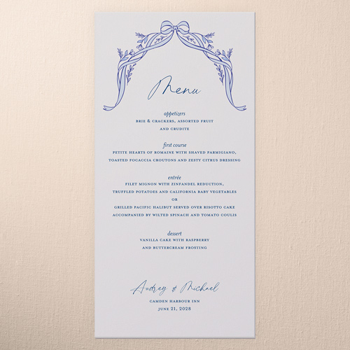 Double Bow Enclosure Wedding Menu, Blue, 4x8 Menu, Standard Smooth Cardstock, Square, Blueberry