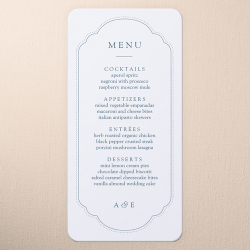 Antique Florals Wedding Menu, Blue, 4x8 Menu, Matte, Signature Smooth Cardstock, Rounded, Silver Lake