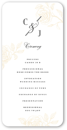 Romantic Rose Wedding Program, Beige, 4x8 Flat Program, Pearl Shimmer Cardstock, Rounded