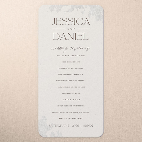 Touch Of Elegance Wedding Program, Beige, 4x8 Flat Program, 100% Recycled Cardstock , Rounded