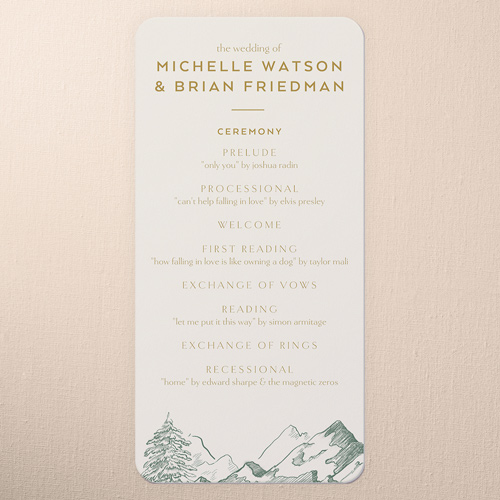 Alpine Affection Wedding Program, Green, 4x8 Flat Program, Write Your Own Greeting, Matte, Signature Smooth Cardstock, Rounded, Leafy