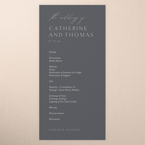 Smooth Sweeping Script Wedding Program, Gray, 4x8 Flat Program, 100% Recycled Cardstock , Square, Gray