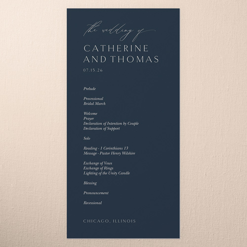 Smooth Sweeping Script Wedding Program, Blue, 4x8 Flat Program, Matte, Signature Smooth Cardstock, Square, Navy