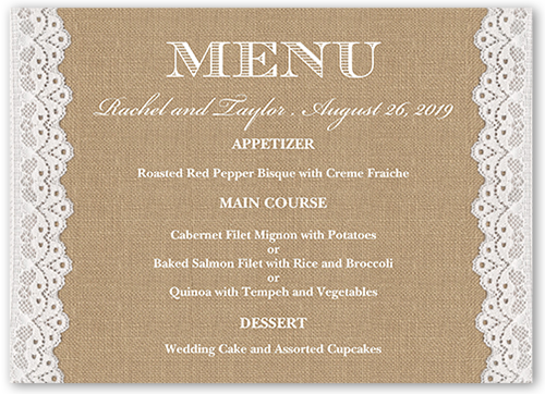 Burlap And Lace Wedding Menu, Beige, 5x7 Flat Menu, Luxe Double-Thick Cardstock, Square, Wheat