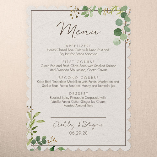 Botanical Union Wedding Menu, Beige, 5x7 Flat Menu, 100% Recycled Cardstock , Scallop