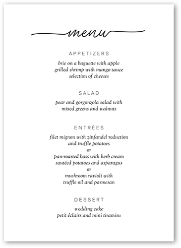 Cursive Style Wedding Menu, White, 5x7 Flat Menu, 100% Recycled Cardstock , Square