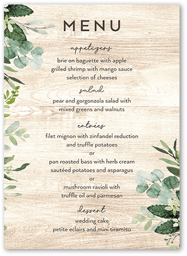 Naturally Green Wedding Menu, White, 5x7 Flat Menu, Pearl Shimmer Cardstock, Square, White