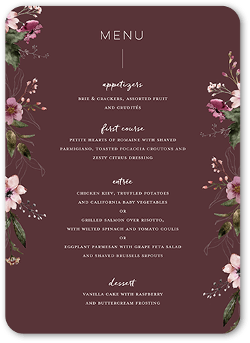 Delicate Perennials Wedding Menu, Purple, 5x7 Flat Menu, Standard Smooth Cardstock, Rounded