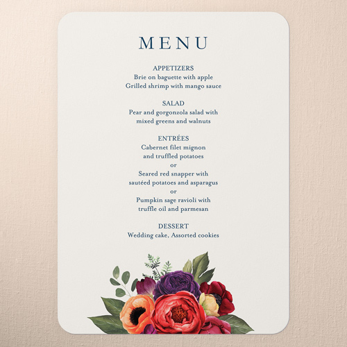 Blossom Burst Wedding Menu, Blue, 5x7 Flat Menu, 100% Recycled Cardstock , Rounded, Midnight