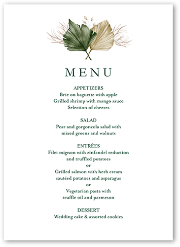 Tropical Flora Wedding Menu, White, 5x7 Flat Menu, Luxe Double-Thick Cardstock, Square, White