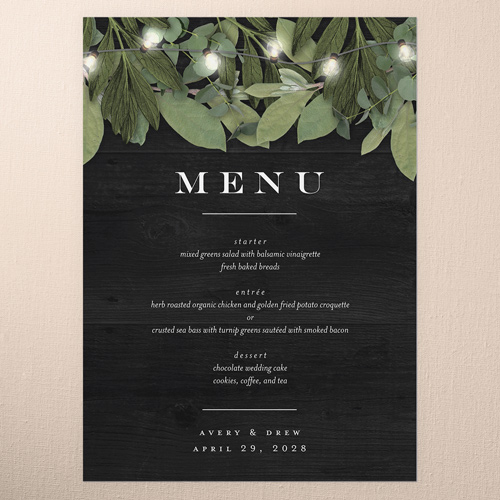 Lit Foliage Wedding Menu, Black, 5x7 Flat Menu, Matte, Signature Smooth Cardstock, Square