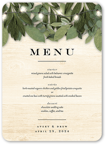 Lit Foliage Wedding Menu, Beige, 5x7 Flat Menu, Matte, Signature Smooth Cardstock, Rounded