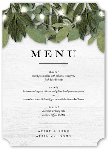 Lit Foliage Wedding Menu, White, 5x7 Flat Menu, Matte, Signature Smooth Cardstock, Ticket