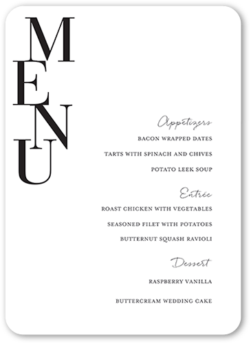 Stacked Standout Wedding Menu, White, 5x7 Flat Menu, Pearl Shimmer Cardstock, Rounded