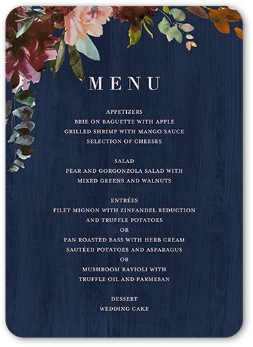 Muted Florals Wedding Menu, Blue, 5x7 Flat Menu, Standard Smooth Cardstock, Rounded