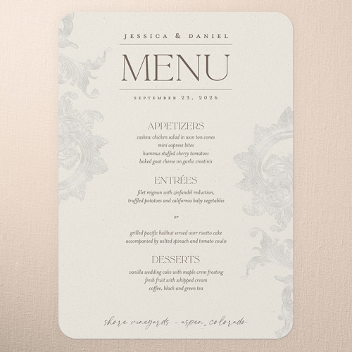 Touch Of Elegance Wedding Menu, Beige, 5x7 Flat Menu, Matte, Signature Smooth Cardstock, Rounded