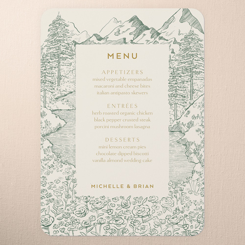 Alpine Affection Wedding Menu, Green, 5x7 Flat Menu, Write Your Own Greeting, Standard Smooth Cardstock, Rounded, Leafy