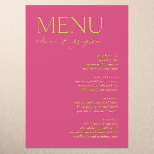 Editable Edition Wedding Menu, Pink, 5x7 Flat Menu, Write Your Own Greeting, Pearl Shimmer Cardstock, Square