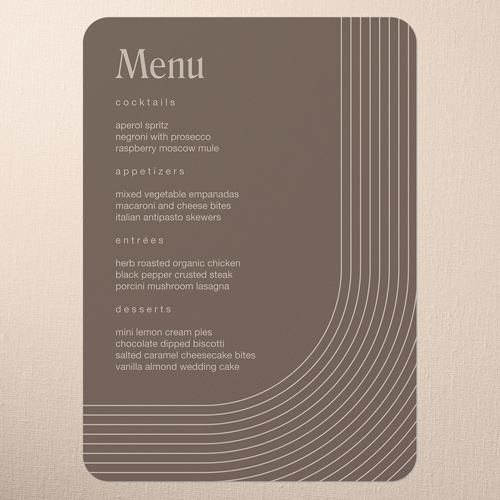 Round Bands Wedding Menu, Brown, 5x7 Flat Menu, Pearl Shimmer Cardstock, Rounded