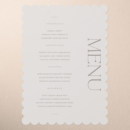 Vertical Headline Wedding Menu, Gray, 5x7 Flat Menu, Pearl Shimmer Cardstock, Scallop