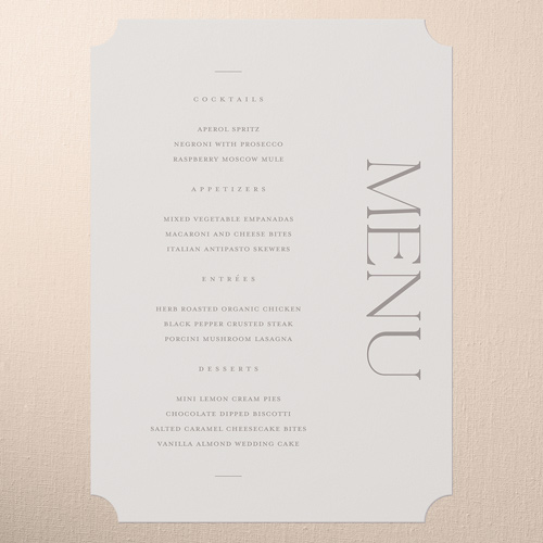Vertical Headline Wedding Menu, Gray, 5x7 Flat Menu, Pearl Shimmer Cardstock, Ticket