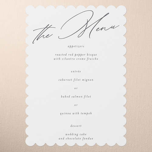 Timeless Typeface Wedding Menu, White, 5x7 Flat Menu, Pearl Shimmer Cardstock, Scallop