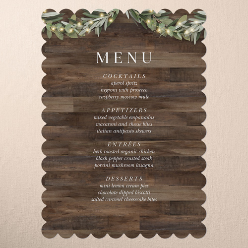 Wooden Wonders Wedding Menu, Brown, 5x7 Flat Menu, Pearl Shimmer Cardstock, Scallop