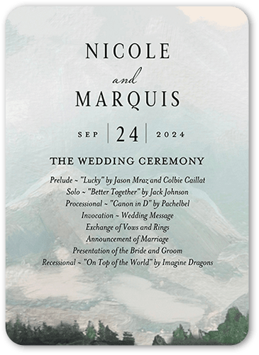 Mountain Lake Wedding Program, White, 5x7 Flat Program, Standard Smooth Cardstock, Rounded, White