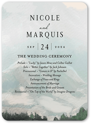 Mountain Lake Wedding Program, White, 5x7 Flat Program, Pearl Shimmer Cardstock, Rounded