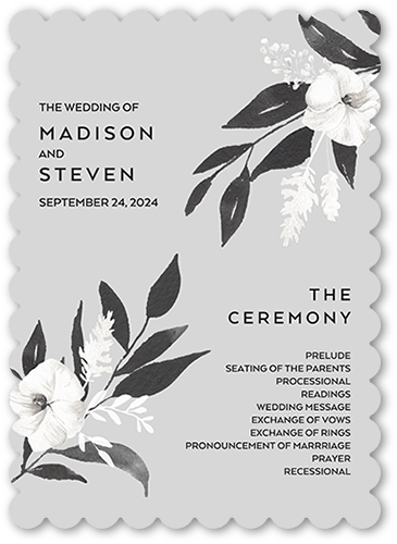 Evening Flower Wedding Program, Grey, 5x7 Flat Program, Pearl Shimmer Cardstock, Scallop