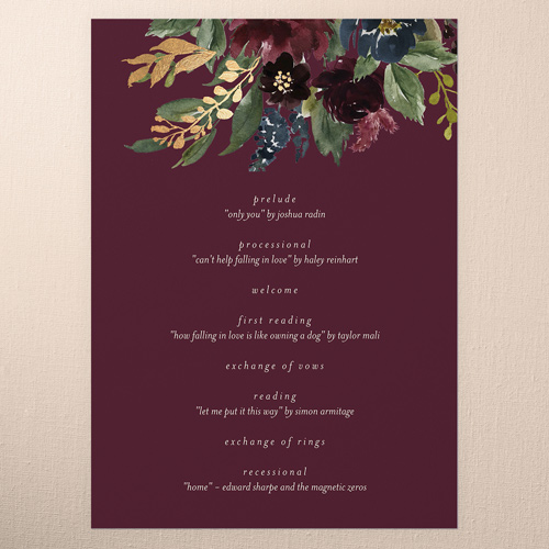 Bouquet Garland Wedding Program, Purple, 5x7 Flat Program, Standard Smooth Cardstock, Square, Spiced Wine
