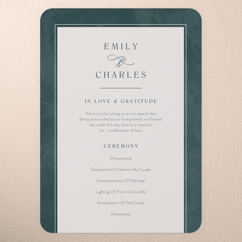 Laurel Embrace Wedding Program, Green, 5x7 Flat Program, Pearl Shimmer Cardstock, Rounded, Leafy