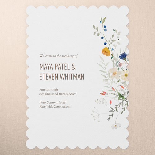 Tranquil Flowers Wedding Program, White, 5x7 Flat Program, Write Your Own Greeting, Pearl Shimmer Cardstock, Scallop