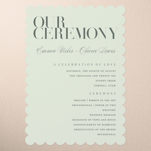 Serene Simplicity Wedding Program, Green, 5x7 Flat Program, Pearl Shimmer Cardstock, Scallop