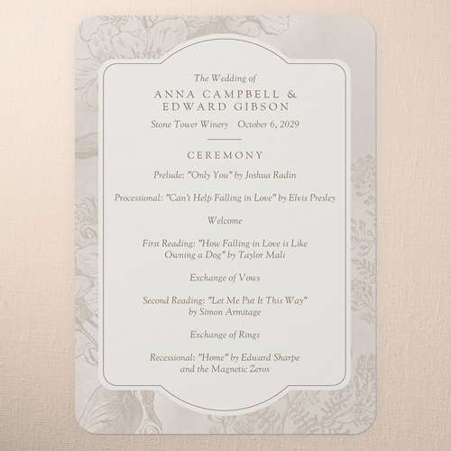 Antique Florals Wedding Program, Beige, 5x7 Flat Program, Pearl Shimmer Cardstock, Rounded, Rye
