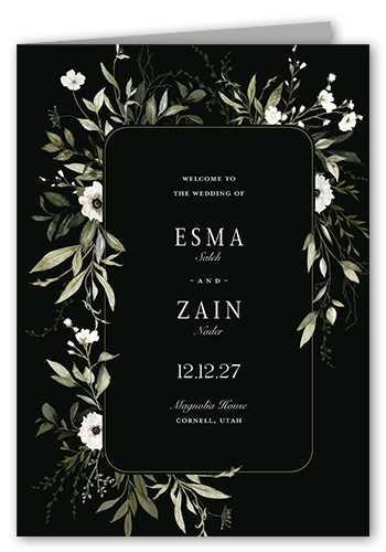 Floral Filigree Wedding Program, Black, 5x7, Pearl Shimmer Cardstock, Square