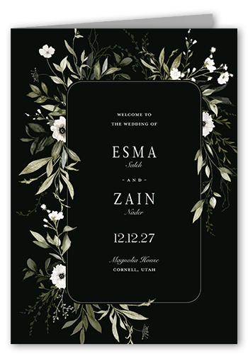 Floral Filigree Wedding Program, Black, 5x7, Matte, Folded Smooth Cardstock, Square