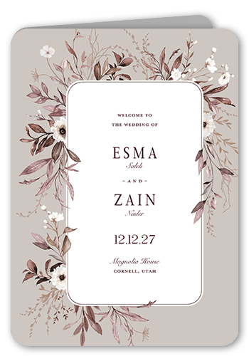 Floral Filigree Wedding Program, Beige, 5x7, Matte, Folded Smooth Cardstock, Rounded