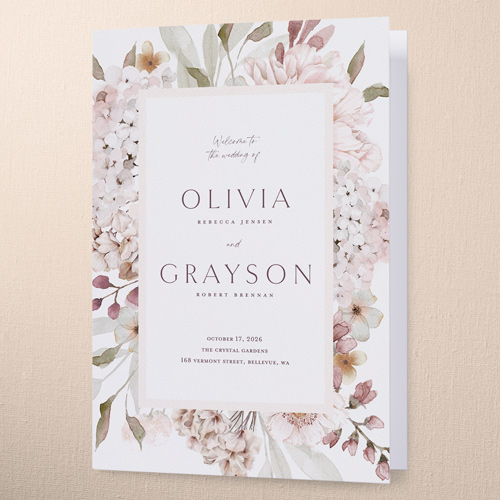 Hydrangea Highlight Wedding Program, Pink, 5x7, Pearl Shimmer Cardstock, Square