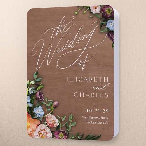 Stunning Floral Corners Wedding Program, Beige, 5x7, Pearl Shimmer Cardstock, Rounded, Latte