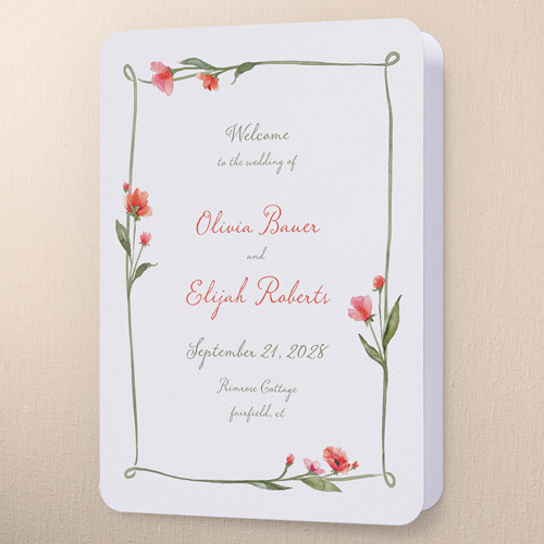 Watercolor Wildflowers Wedding Program, Red, 5x7, Pearl Shimmer Cardstock, Rounded, Red