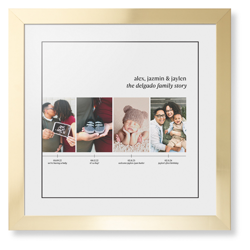 Family Timeline Framed Print, Matte Gold, Contemporary, Black, White, Single piece, 16x16, White